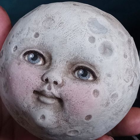 moon How To Make Moon Clay, Air Dry Clay Moon, Paper Mache Moon Diy, Ceramic Moon Sculpture, Clay Moon Face, Vintage Moon Face Illustration, Moon Faces, Moon Shadow, Moon Illustration