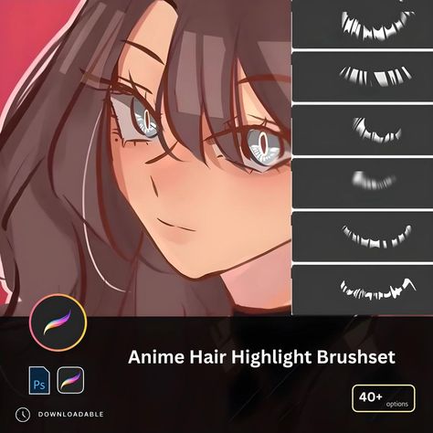 40+ anime hair highlights brushes for procreate - create realistic highlights and reflections with these reflective shine brushes! #procreate #anime #hair . #Brush_Sets #Procreate_Hair #Hair_Highlight #Illustrator_Brushes Hair Highlights Pattern, Watercolor Brushes Photoshop, Procreate Brushes Download, Hair Highlight, Photoshop Brushes Free, Photoshop Video, Manga Hair, Illustrator Brushes, Procreate Brushes Free