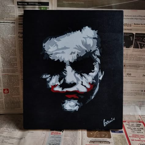 Joker Painting Acrylics, Joker Canvas Painting, The Joker Painting, Superhero Painting, Joker Canvas, Joker Painting, Cartoon Paintings, Movie Collage, Black Canvas Paintings