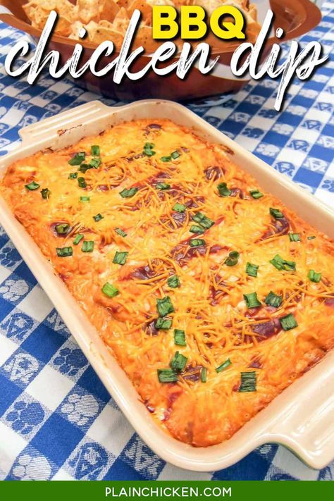 BBQ Chicken Dip - super easy make-ahead dip for a party! Chicken, cream cheese, barbecue sauce, ranch dressing, cheddar cheese, and green onions - I could eat this dip as a meal! It is SOOOO good! Great dip recipe for parties. Everyone always wants the recipe. #bbq #chicken #dip #lowcarb #glutenfree #gameday Tailgate Chicken Recipes, Ranch Bbq Sauce, Dips With Rotisserie Chicken, Recipes For Bbq Party, Canned Chicken Dip Recipes, Chicken Ranch Dip Recipe, Barbecue Chicken Dip, Bbq Chicken Dip Recipe, Chicken Dips Crockpot