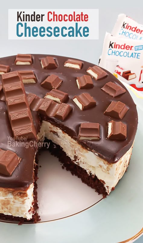 Kinder chocolate cheesecake recipe. A soft and fluffy chocolate cake with creamy cheesecake mousse full of Kinder chocolate chunks. To top it off, a rich and velvety layer of chocolate ganache will leave you wanting more! Chocolate Cake And Cheesecake, Cheesecake And Chocolate Cake, Kinder Cheesecake Recipe, Kinder Bueno Cheesecake Recipe, Cheesecake Recipes Chocolate, Chocolate Cake With Cheesecake, Cheesecake Ganache, Kinder Chocolate Cake, Bueno Cheesecake