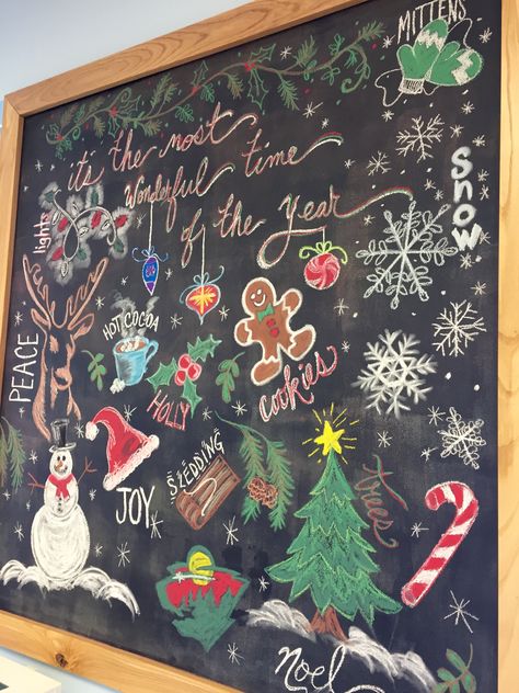 By Jen Muehlbauer Chalkboard Wall Christmas, Gingerbread House Chalkboard Art, Gingerbread Chalkboard Art, December Chalk Calendar, Chalk Christmas Art, Christmas Chalk Wall, Christmas Chalkboard Ideas Easy, Chalkboard Christmas Ideas, Chalkboard Art Christmas