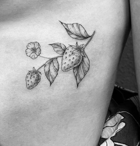 Strawberry And Flowers Tattoo, Strawberry Bunch Tattoo, One Line Strawberry Tattoo, Strawberry Plant Tattoo Black And White, Strawberry Collarbone Tattoo, Strawberry Blossom Tattoo, Black Strawberry Tattoo, Fruit Tattoo Black And White, Strawberry Bush Tattoo