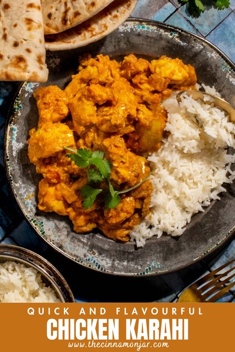 Chicken karahi curry in on a plate with rice on a blue background. Chicken Kashmiri Recipe, Chicken Karahi Recipe Pakistani, Pakistani Food Recipes, Chicken Karahi Recipe, Karahi Recipe, Chicken Karahi, Curry Recipes Indian, Quick Chicken, Vegetable Curry