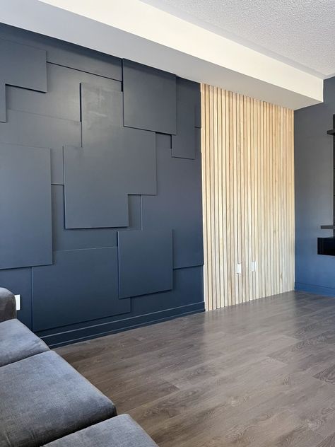 Black Accent Wall Living Room, Diy Wood Slat Wall, Navy Accent Walls, Black Walls Bedroom, Dark Accent Walls, Black Accent Walls, Blue Accent Walls, Living Room Reveal, Zen Bedroom