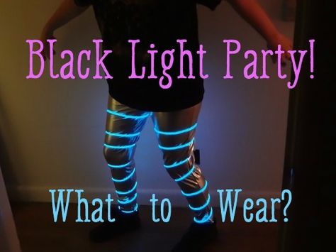 Ideas for glow-in-the-dark clothes, light-up accessories, glowing makeup and body paint, and more for a black light outfit that really rocks. What Glows In Blacklight, What To Wear To A Glow In The Dark Party, Black Light Halloween Costumes, Black Light Party Ideas Outfits, Black Light Costume Ideas, Blacklight Outfit Ideas, What To Wear To A Neon Party, Black Light Dance Outfit, Black Light Party Outfit Clothes