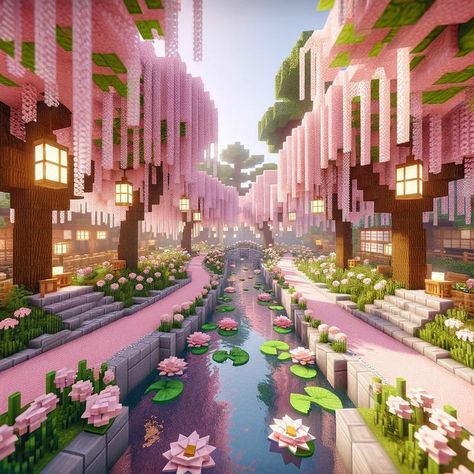 Cherry Blossom Build Ideas, Minecraft Cherry Blossom Village, Minecraft Sweets, Cherry Blossom Builds Minecraft, Minecraft Cherry Blossom Builds, Minecraft Cherry Blossom, Casa Minecraft, Minecraft Update, Pink Minecraft