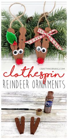 Clothespin Reindeer Ornaments- dollar tree christmas craft for kids to make! Fun gift idea keepsakes. Reindeer art project/diy project easy glue gun idea. So cute to hang on tree or give away. Dollar store xmas holiday craft. Clothespin Reindeer, Christmas Crafts Diy Kids, Reindeer Art, Clothespin Crafts Christmas, Clothespin Diy Crafts, Christmas Art For Kids, Christmas Diy Kids, Christmas Clothespins, Dollar Store Christmas Crafts