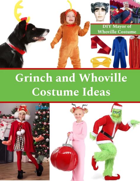 Whoville and Grinch Costumes - Highlights Along the Way Whoville Clothes, Grinch Themed Costumes, Grinch Cindy Lou Who Max Costume, Diy Grinch Themed Outfits, Whoville Dress Up Day At School, Grinch And Whoville Costumes, Easy Whoville Costumes, Whoville Dressup Ideas, The Grinch Characters Costumes