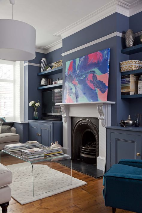 Home of Clare Elise Interiors. Art by Nicky Kriss. Walls Juniper Ash by Little Greene Paint Company Juniper Ash, Brown And Blue Living Room, Navy Living Rooms, Victorian Living Room, Dark Living Rooms, Blue Living Room Decor, Little Greene Paint, Blue Living Room, Design Del Prodotto