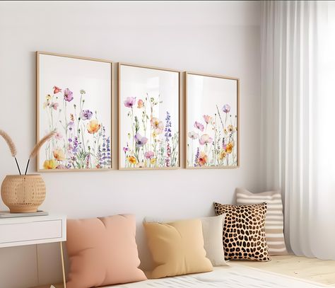 Purple Wildflower Nursery Wall Art set of 3 : Botanical Floral Prints for Girl's Room Decor -Purple Flowers Border | I Digital Download by KunziteArt on Etsy Wildflower Nursery, Flowers Border, Flowers Theme, Botanical Floral Prints, Boho Wildflower, Thoughtful Baby Shower Gifts, Purple Wildflowers, Meadow Flowers, Kid Room