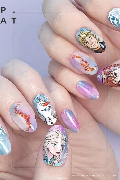 frozen character nails Disney Frozen Nail Designs, Character Nail Designs, Frozen Nail Designs, Elsa Nails, Disney Frozen Nails, Frozen Nail Art, Princess Nail Art, Frozen Character, Frozen Nails