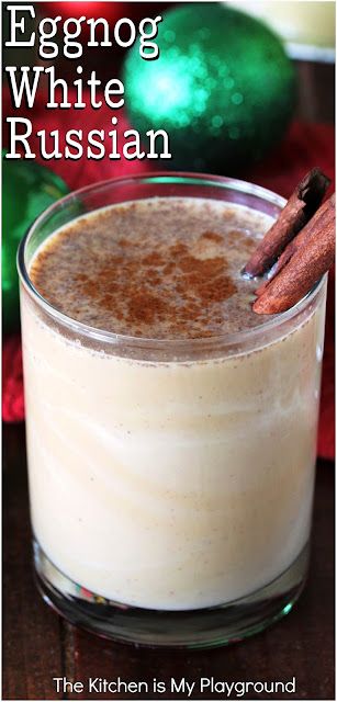 Eggnog White Russian ~ The classic White Russian combo of coffee liqueur and vodka is sure a fun and tasty way to spike your eggnog! An Eggnog White Russian s a super tasty cocktail just perfect for Christmastime sipping. www.thekitchenismyplayground.com Eggnog Recipe With Alcohol, Eggnog White Russian, Recipes Using Eggnog, Eggnog Recipe Spiked, Alcoholic Eggnog, Eggnog Cocktail, Eggnog Drinks, White Russian Recipes, Christmas Drinks Alcohol Recipes