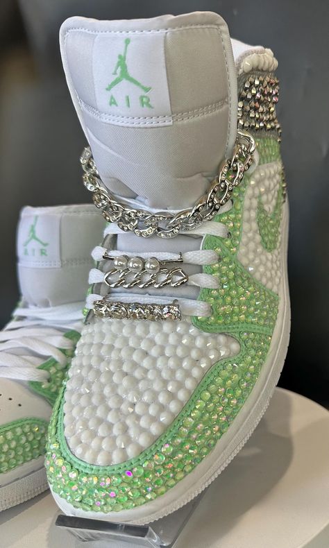 Blinged Out White Jordan 1 Mids Custom Rhinestone Sneakers, Bedazzled Nikes, Wedding Shoes, Prom, Sneaker Ball, Quinceanera - Etsy Blinged Out Shoes, Bling Sneakers Rhinestones, Custom Jordan 1 High, Sneaker Ball Shoes, Prom Sneakers, Quinceanera Green, Bedazzled Sneakers, Danielle Green, Bedazzled Things