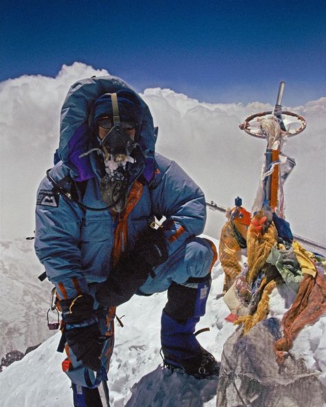 Update from Jon Krakauer: Andy Harris on the summit of Mt. Everest May 10 1996 at 1:15 PM shortly before everything went bad. We had no idea that those fluffy white clouds in the background were the crowns of huge cumulonimbus clouds boiling upwards to engulf us in a storm of extraordinary violence. Andy a guide employed by Rob Hall started down just after I took this photo but 3 hours later he got a desperate radio call from Rob asking him to climb back up with a bottle of oxygen for a severely debilitated client Doug Hansen. It was a heroic act. By the time the storm was over Andy Doug and Rob were dead. They were good people. The pain of their passing has not gone away. #favouriteauthor #jonkrakauer #intothewild Everest Summit, Cumulonimbus Clouds, Jon Krakauer, Top Of Mount Everest, Climbing Everest, Monte Everest, Mt Everest, Ice Climbing, Everything Goes