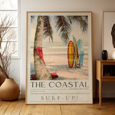 Coastal Surf up Cowgirl Wall Art, Vintage 70's Newspaper Print, Chic Beach Coastal Surfer Poster, Coastal Life Surf Board Print, Surfer Gift - Etsy Beach House Decor Coastal Style Living Rooms, Trending Wall Art Prints, Vintage Surf Art, Surf Up, Surf Living Room, Bedroom Art Prints, Surf Style Decor, Newspaper Wall Art, Surfer Poster