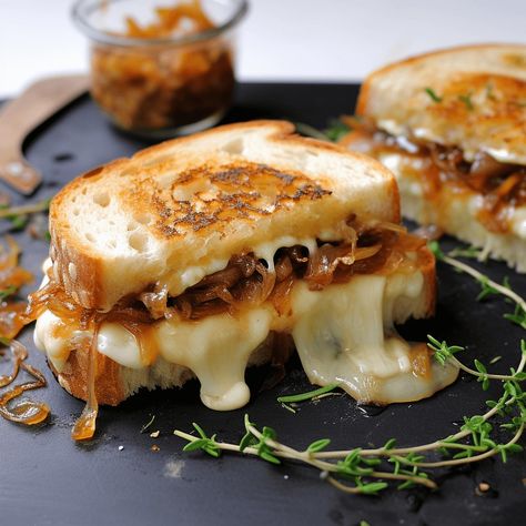 Napa Home Chef | Indulge in a luxurious Napa-inspired Camembert & Caramelized Onion Cheese Sandwich, perfect for a cozy fall evening. Savor Napa, Bite by Bite. Gourmet Cheese Sandwich, Luxurious Dinner Recipes, Luxury Sandwiches, Fall Panini, Camembert Recipe, Luxury Meals, Pub Sandwiches, Classic Sandwiches, Brie Cheese Sandwich