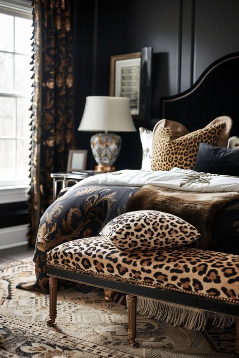 33 Bold Black Bedroom Ideas for Stylish Living Leopard Accent Bedroom, Black And Gold Bed Frame, Plaid And Floral Bedroom, Bedroom Ideas Animal Print, Leopard Print Wallpaper Bedroom, Full Daybed Room Ideas, Leopard Print Room Ideas, Black Western Bedroom, Safari Bedroom Ideas For Adults