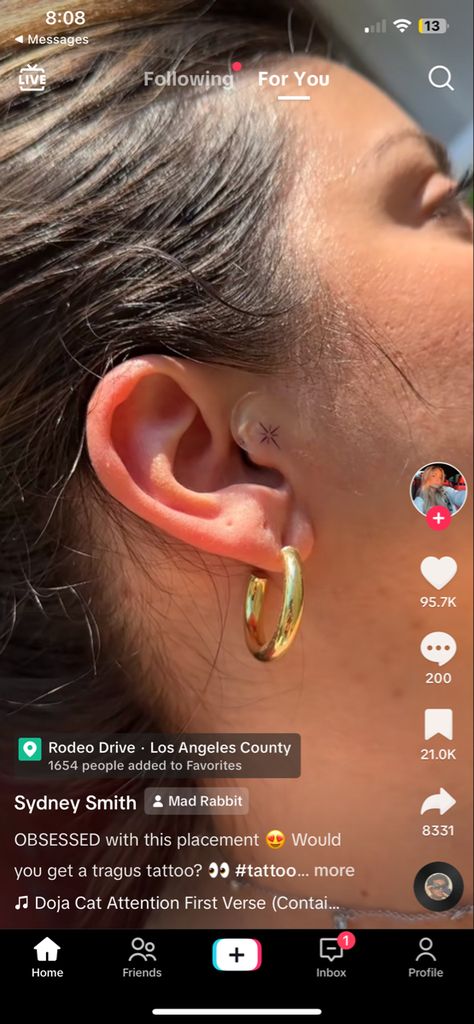 Tragus Tattoo, Rodeo Drive, Los Angeles County, Doja Cat, Minimalist Tattoo, Cat Tattoo, Tragus, Ear Tattoo, Small Tattoos