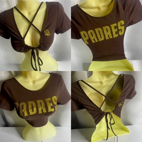 SD Padres two in one crop top. Wear it two different ways. Please note estimated time to ship these items is 7-10 business days as they are made to order. If you need it right away please send us a message and we will try our best to accommodate your request.  Don't see your team? Send us a message with a request and we will gladly accommodate it. Collard Crop Top Outfit, Different Ways To Style A Shirt, Diy Crop Top From T Shirt, Cut Shirt Designs, Upcycled Tshirt, Diy Cut Shirts, Diy Crop Top, Easy Diy Clothes, Cut Off Shirt