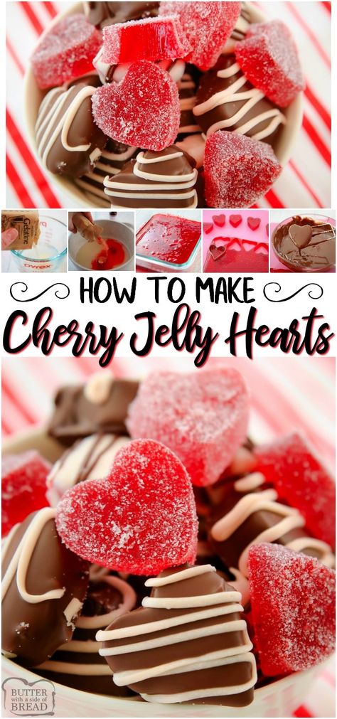 Cherry Jelly Hearts recipe for a fun & tasty take on popular jelly heart candy! Jelly Candy covered in white or dark chocolate or sugar. Cute for Valentine's Day or anytime. #candy #jellycandy #jellyhearts #heartcandy #dessert #treats #Valentines #recipe from BUTTER WITH A SIDE OF BREAD Homemade Jelly Candy, Valentines Day Candy Ideas, Jelly Candy Recipe, Valentines Recipe, Chocolate Hearts Candy, Jelly Candies, Valentines Recipes, Cherry Jelly, Jello Flavors