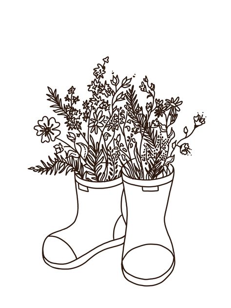 Minimalist rain boots and flower tattoo Flowers Rain Tattoo, Rain Boots Drawing Simple, Watering Can And Flower Tattoo, Rain Boots Tattoo, Watering Can With Flowers Tattoo, Rain Boot Tattoo, Rain Boot Drawing, Rainboot Tattoo, Rain Boots Illustration