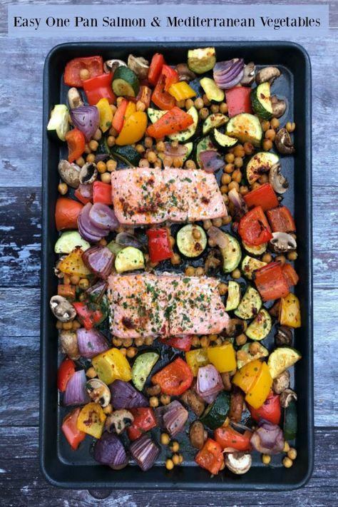 My Easy One Pan Salmon and Roasted Mediterranean Vegetables is a deliciously spiced meal that is chock full of healthy ingredients and tastes great! Salmon With Roasted Vegetables, One Pan Salmon, Salmon With Vegetables, Roasted Vegetables Recipe, Mediterranean Vegetables, Roasted Mediterranean Vegetables, Pan Salmon, Healthy Ingredients, Roasted Salmon