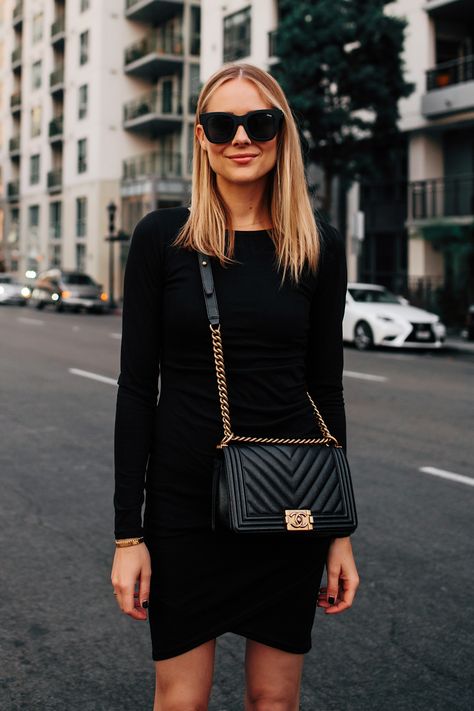 Blonde Woman Wearing Long Sleeve Black Bodycon Dress Chanel Black Boy Bag Fashion Jackson San Diego Fashion Blogger Street Style Chanel Shoulder Bag Outfit, Chanel Bag Street Style, Chanel Boy Bag Outfit, Chanel Black Bag, Black Designer Bag, Black Bodycon Dress Long Sleeve, Blogger Street Style, Dress Chanel, Aldo Bags