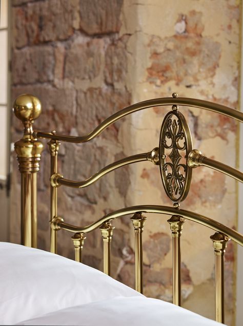 Brass Metal Bed Frame, Antique Brass Bed Frame, Gold Metal Bed Frame Bedroom Ideas, Gold Metal Bed Frame, Golden Bed, Gold Bed Frame, Brass Beds, Pipe Bed, Brass Headboard