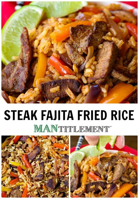 This Steak Fajita Fried Rice is so much better than ordering take out! Have your fiesta at home! #friedrice #beef #dinner Leftover Beef Fajita Meat Recipes, Steak Fajitas Bowl, Leftover Fajitas Ideas, Steak Fajita Casserole, Leftover Fajita Meat, Beef And Peppers, Easy Fajita Recipe, Beef Fajita Recipe, Leftover Meals