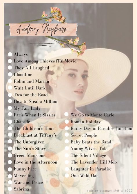 #audreyhepburnstyle #audrey #movielist #movienight Audrey Hepburn Movies List, Coquette Movie List, Old Hollywood Musicals, Old Hollywood Movies List, Audrey Hepburn Aesthetic Quotes, Old Films To Watch, Audrey Hepburn Book, Vintage Movies To Watch, Dreamy Movies