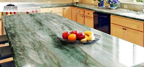 Blue Green Granite Countertops, Blue Green Countertops Kitchen, Sage Green Countertops, Green Quartz Countertops, Green Countertops Kitchen, Green Quartz Countertop, Green Granite Kitchen, Log Home Renovation, Green Granite Countertops