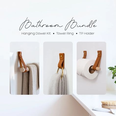 Bathroom Bundle Kit [Round End] by Keyaiira | leather + fiber at Artist Studio, Santa Rosa | Wescover Hardware Toallero Ideas, Hanging Towel Rack, Hand Towel Ring, Bath Towel Racks, Scandinavian Farmhouse, Silver Bathroom, Matte Black Bathroom, Wooden Bath, Toilet Paper Roll Holder