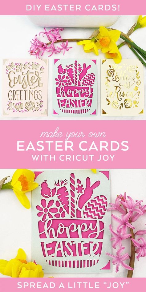 How to Make DIY Easter Cards with Cricut Joy by Pineapple Paper Co. #ad #cricut #cricutcreated #eastercard #handmadecards #cricutcard #diycard #hoppyeaster Cricut Easter Cards, Easy Diy Easter Cards, Cards With Cricut, Diy Easter Cards, Iris Folding Templates, Cricut Birthday Cards, Cricut Birthday, Idee Cricut, Joy Cards