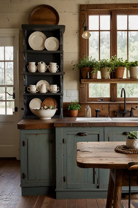 Give your kitchen a timeless look with rustic farmhouse decor! Think weathered wood, barn door cabinets, and vintage-style lighting. These ideas create a comfortable, lived-in feel perfect for everyday living. #FarmhouseCharm #RusticHomeDecor #FarmhouseStyleKitchen #VintageKitchen #RusticDecorIdeas Natural Aesthetic Kitchen, Farm Cottage Kitchen Ideas, Farmhouse Primitive Kitchen, Small Old World Kitchen, Small Unfitted Kitchen Ideas, Mismatch Kitchen Cabinet, Rustic Cabin Kitchen Decor, Dresser In The Kitchen, Elegant Rustic Home Decor