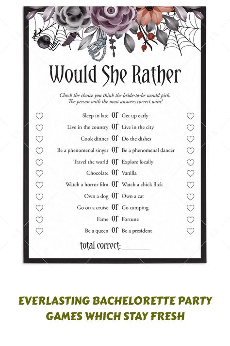 [PaidAd] Who Knows The Bride-To-Be Best? Figure It Out With These Moody Halloween Theme Bridal Shower 'Would She Rather' Game Cards. These Game Cards With Black And Purple Floral Arrangements Would Be Perfect For A Halloween Themed Bridal Shower.Let The Bride-To-Be Fill In Her Game Card Before The Bridal Shower With The Choices She Would Pick. At The Bridal Shower, Hand Out A Pen And The Cards To The Guests And Let Them Check The Choices They Think The #spookybachelorettepartygames Pagan Bridal Shower Ideas, Witchy Bridal Shower Ideas, Bridal Shower Timeline, Chick Flicks, Bachelorette Party Games, Getting Up Early, Figure It Out, Bridal Shower Games, Go Camping