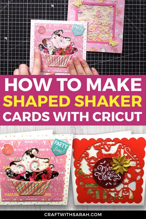 How to make a shaped shaker card using a Cricut Machine. This is part 2 in my 4-part series on creating fun shaker cards with your Cricut. #cricut Shaker Birthday Cards Diy, Cricut Shaker Cards, Shaker Cards Ideas, Birthday Board Diy, Shaker Cards Tutorial, Cricut Birthday Cards, Acrylic Crafts, Card Making Video Tutorials, Jennifer Maker