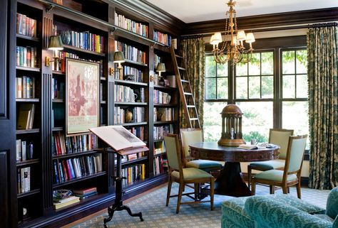 Libraries and Family Rooms - Interior Design Photo Gallery - Timothy Corrigan Curtains Dark Academia, Painting Curtains, Dark Library, Bookshelf Ladder, Timothy Corrigan, Rooms Interior, Green Chairs, Home Library Rooms, Ceiling Shelves