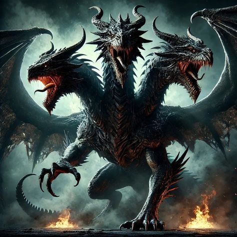 Summoned from the depths of ancient legends, this dark three-headed dragon embodies pure power and mystery. 🐉🔥 #DragonArt #FantasyCreatures #DarkLegend #MythicalBeasts #ThreeHeadedDragon #DarkFantasy #AncientBeast #FantasyArt #EpicCreatures #DragonLore #MysticalBeasts #SupernaturalCreatures #MythicalMonsters #DarkLegends #DragonIllustration #MysticDragon #HorrorFantasy #FantasyCreatures #EpicMonsters Two Headed Dragon, Three Headed Dragon, Mystic Dragon, Types Of Dragons, Mythical Monsters, Book Scenes, Dragon Illustration, Black Dragon, Super Natural