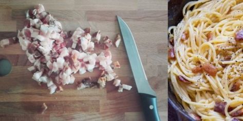 Galerie - Špagety Carbonara pravý Italský recept | iRecept.cz Carbonara Recept, Coconut Flakes, Food Art, Food And Drink, Spaghetti, Cooking Recipes, Rice, Pasta, Meat