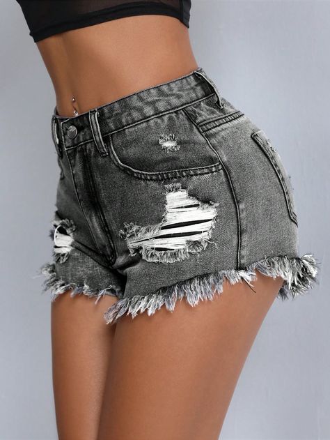 SHEIN PETITE Ladies" Casual Denim Shorts With Frayed Hem, Ripped Detail And PocketsI discovered amazing products on SHEIN.com, come check them out! Women Denim Shorts, Casual Denim Shorts, Ripped Jean Shorts, Petite Shorts, Short Jeans, Denim Shorts Women, Short En Jean, Inspiration Mode, Shorts Jeans