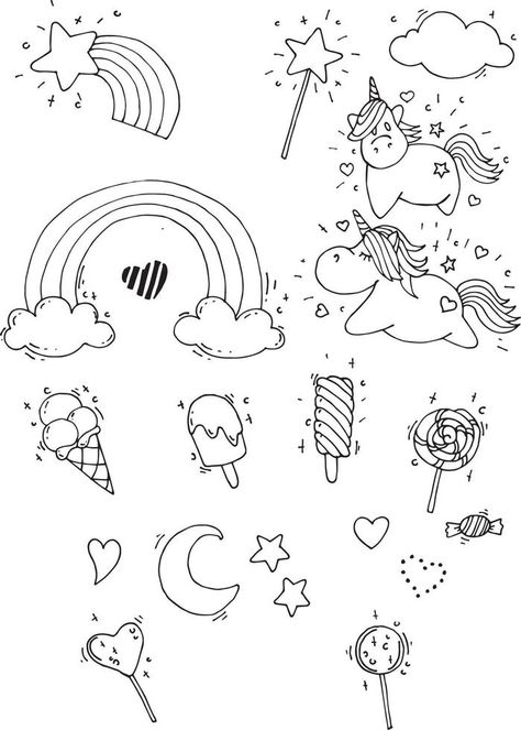 vector seamless pattern with unicorns. magical unicorns, rainbow, lollipops, clouds, line drawings isolated on white background. in the style of doodle, flat, cartoon. coloring book, black and white Unicorn Line Drawing, Rain Cloud Tattoos, Unicorn Doodle, Cloud Tattoos, Rainbow Doodle, Book Black And White, Unicorn Background, Rainbow Lollipops, Stencil Outline