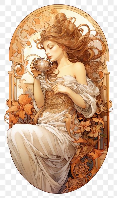 Art Nouveau Drawing, Alphonse Mucha Art, Anatomy Sculpture, Mucha Art, Art Nouveau Illustration, Vintage Png, Coffee Wallpaper, Coffee Painting, Watercolor Painting Techniques