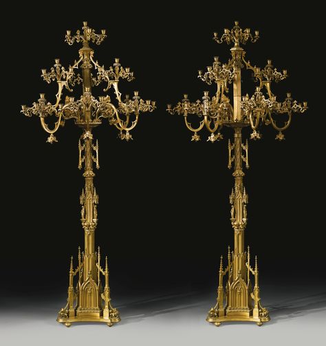 A pair of large English Gothic-revival gilt-bronze standing floor candelabra circa 1860 Floor Candelabra, Antique Candelabras, English Gothic, Floor Lantern, Importance Of Art, Silver Centerpiece, Floor Candle Holders, Gothic Revival, Grand Canal