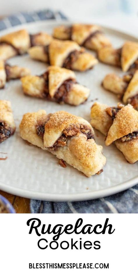 Rugelach is a cookies made with a tender pastry dough made with cream cheese and then spread with jam, nuts, and cinnamon and then rolled into a crescent and baked. They are sweet, tender, and the dough reminds me of a really good pie crust. Crescent Roll Cookies, Leftover Pie Crust, Rugelach Cookies, Rugelach Recipe, Pie Crust Cookies, Crescent Cookies, Christmas Baking Cookies, Store Bought Pie Crust, Nut Rolls