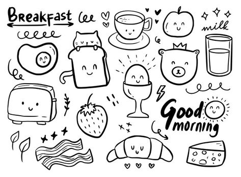 User4682099 | Freepik Waffle Doodle, Brunch Drawing, Fried Egg Breakfast, Coffee Yogurt, Breakfast Donuts, Breakfast Juice, Creative Breakfast, Coffee Bread, Bacon Fries