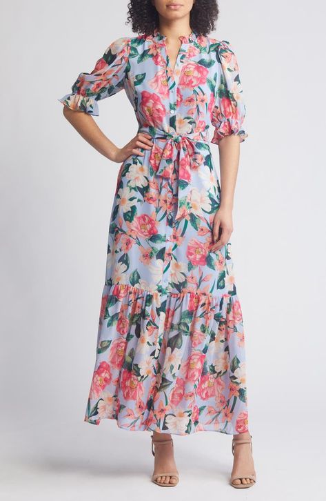 Eliza J Floral Belted Maxi Shirtdress | Nordstrom Outfit Ideas For Curvy Women, Dressy Outfit Ideas, Dressy Outfit, Eliza Dress, Chiffon Cocktail Dress, Floral Gown, Wedding Attire Guest, Dress 2024, Dress The Population