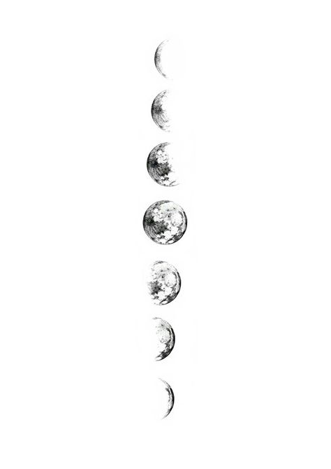 Moon Fases Tattoos Spine, Moon Sequence Tattoo Back, 7 Moon Phases Tattoo, Moon Fases Art, Delicate Moon Phase Tattoo, Phases Moon Tattoo, Moon Phases Vertical, White Tattoo Moon, Moon Phases Tattoo Spine Simple