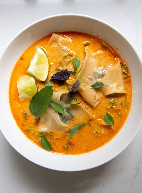 Vegetable Wontons in a Coconut Curry Broth  — Amanda Frederickson Vegetable Wontons, Curry Broth, Carrot Soup Recipes, Easy To Cook Meals, Dinner On A Budget, Crispy Chickpeas, Wonton Wrappers, Wontons, White Bean Soup