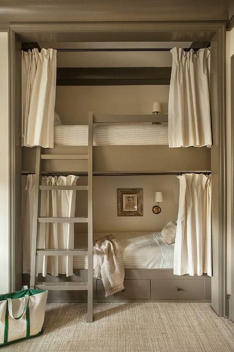 Lit by Vendome Single Sconces, brown built-in bunk beds boast storage drawers, a brown ladder, and linen privacy curtains. Palmer Weiss, Built In Bunkbeds, Bunk Room Ideas, Bunk Bed Room, Bunk Bed Rooms, Custom Bunk Beds, Bunk Beds Built In, Built In Bed, Built In Bunks